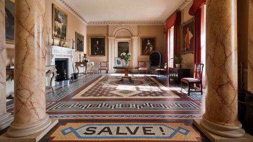 The entrance hall at Wimpole Hall, Cambridgeshire with mosaic encaustic floor tiles from Maw and Co